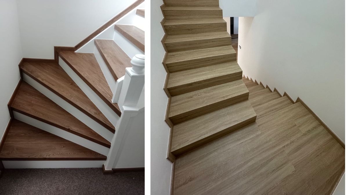 Reálný obklad schodiště vinylovou podlahou BUKOMA s ohybem a bílou podstupnicí